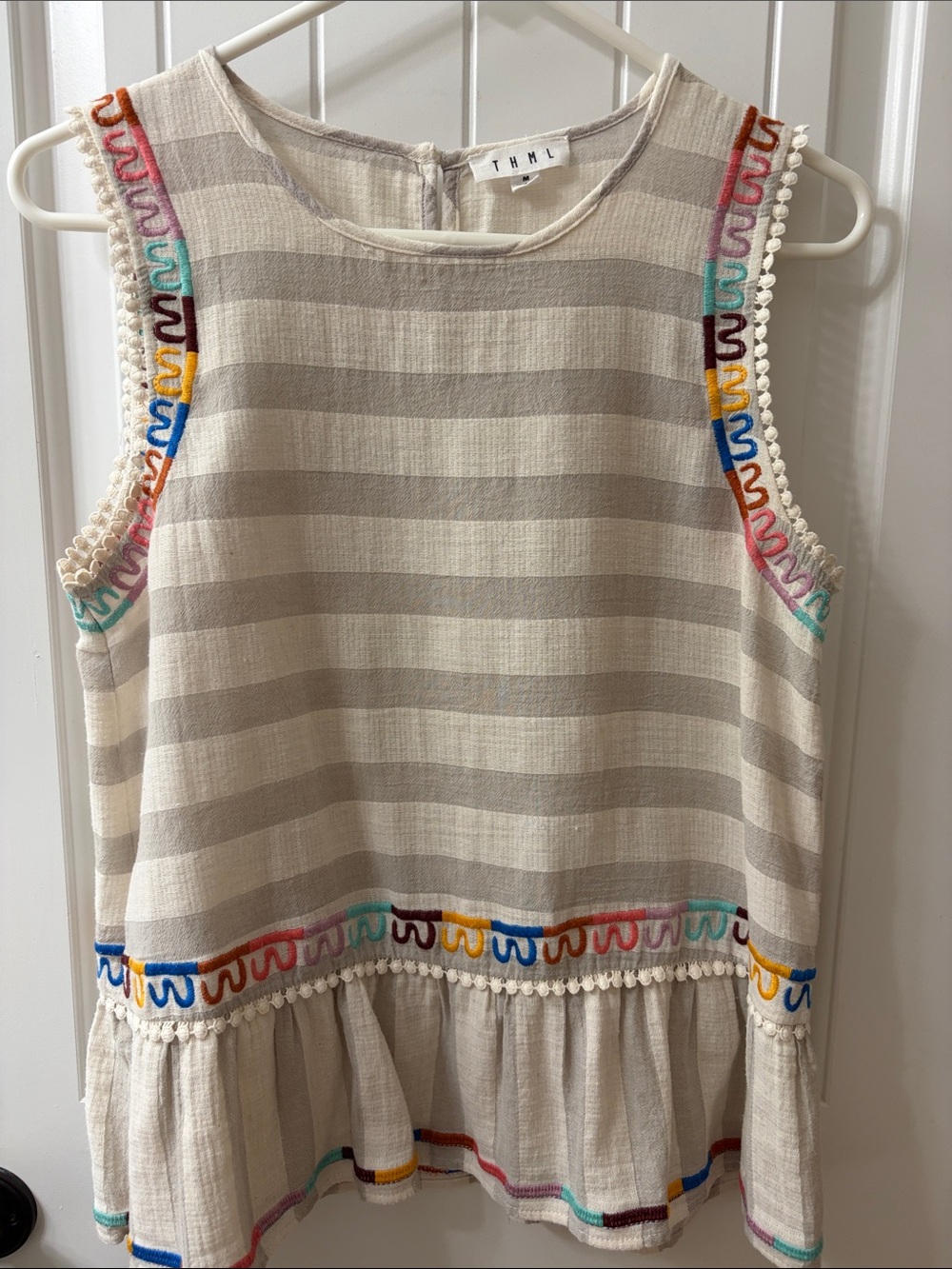 THML Cream & Beige Striped Peplum Tank with Multicolor Embroidery